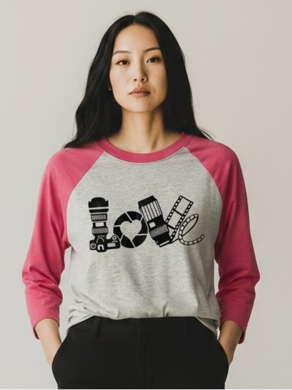 Photography Camera Graphic Tee Women’s XS Pink Gray Raglan Baseball Shirt